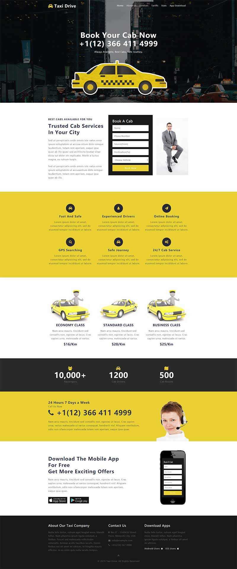 黄色出租车服务网站单页响应式网页html模板 - KingHub