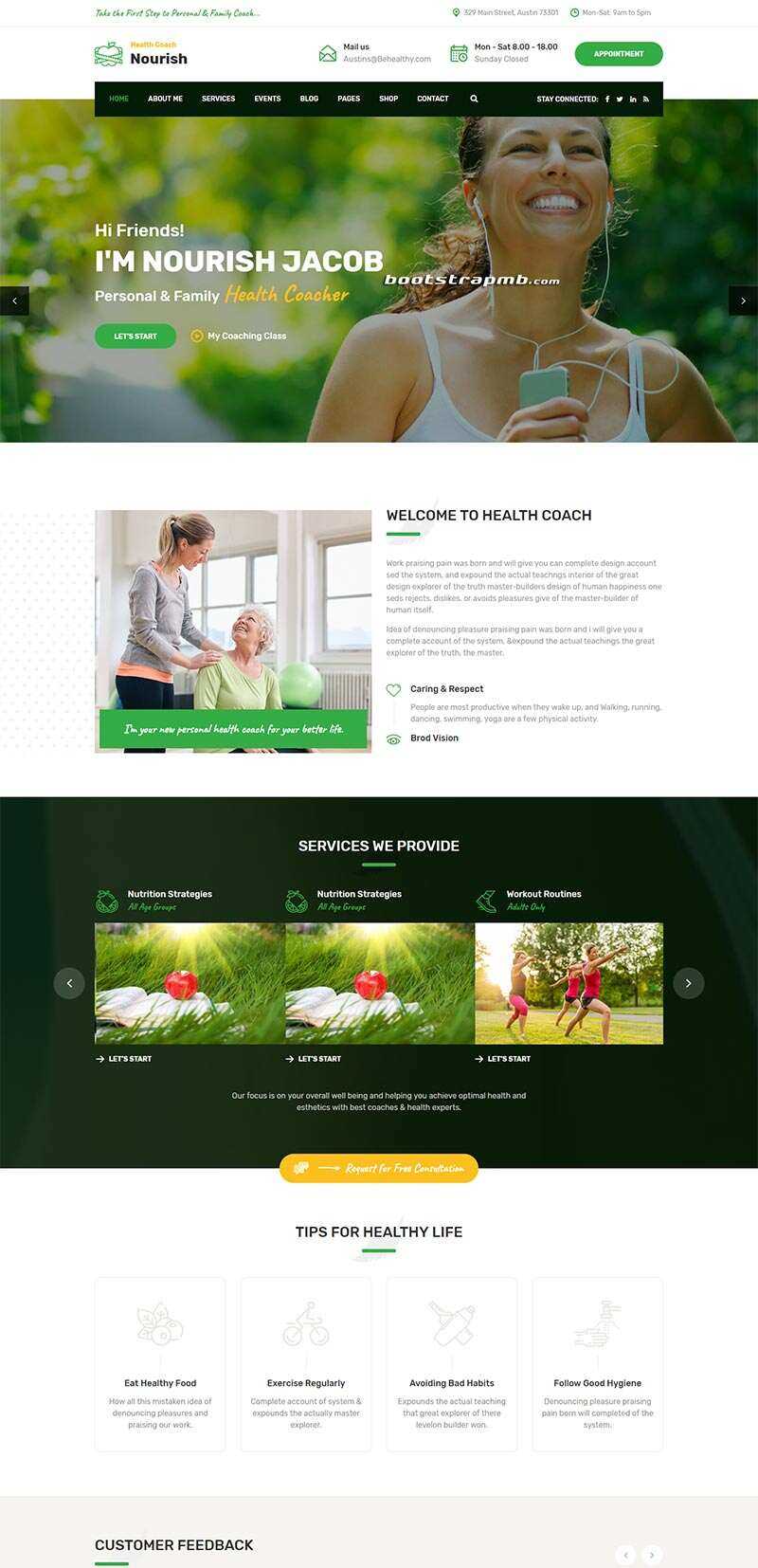 Bootstrap绿色的健康指导生活服务网站html模板 - KingHub