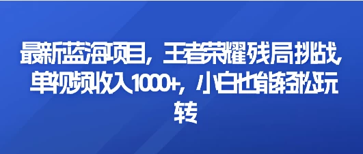 最新蓝海项目，王者荣耀残局挑战，单视频收入1000+，小白也能轻松玩转 - KingHub