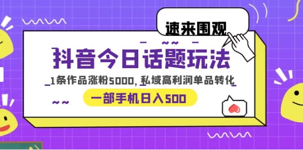 一部手机轻松实现日入 500，抖音今日话题玩法，1条作品涨粉 5000，私域高利润单品转化 - KingHub